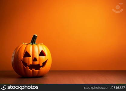 This photo shows a carved Jack O Lantern on an orange background. The pumpkin has a spooky face with a carved nose, eyes, and mouth. use in Halloween decorations, greeting cards. Generative AI