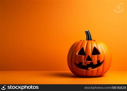 This photo shows a carved Jack O Lantern on an orange background. The pumpkin has a spooky face with a carved nose, eyes, and mouth. use in Halloween decorations, greeting cards. Generative AI