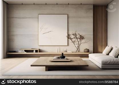 This photo shows a modern minimalist living room with a comfortable couch and a stylish table. The room is decorated in neutral colors and clean lines, creating a sense of spaciousness and relaxation. Generative AI