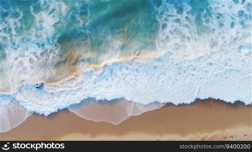 This stunning aerial photograph captures the beautiful natural scenery of an ocean beach with half water and half beach. The blue water, white sand, and waves crashing against the shore create a perfect summer vacation holiday background.