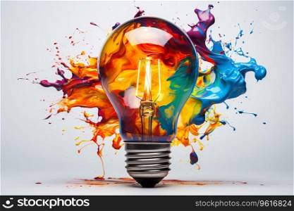 This stunning stock photo features a lightbulb made from a mix of oil paints on a white background. The vibrant colors and creative design of the lightbulb make it a perfect image for representing the concept of creativity. Generative AI