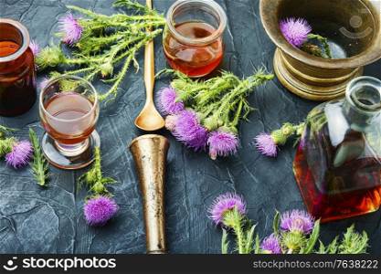 Thistle or silybum in folk herbal medicine.Healing wild herbs.. Silybum medical herbs