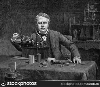 Thomas Alva Edison in front of his phonograph, vintage engraved illustration. From the Universe and Humanity, 1910.