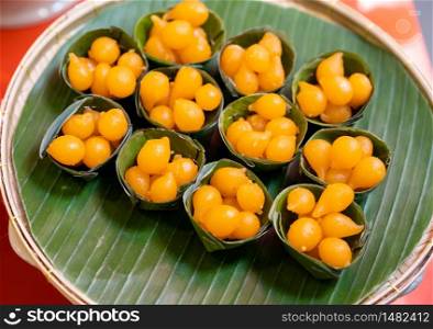Thongyod or sweety gloden drop or egg yoke fudge balls, famous Thai dessert