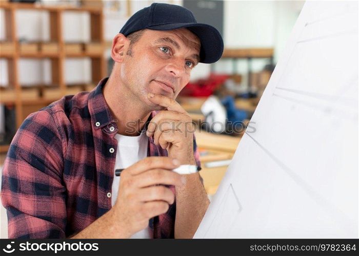 thoughtful architect bworking in modern studio with blueprint