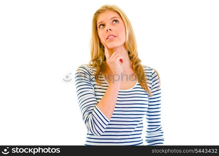 Thoughtful beautiful teen girl with hand near face looking up at copy-space isolated on white&#xA;