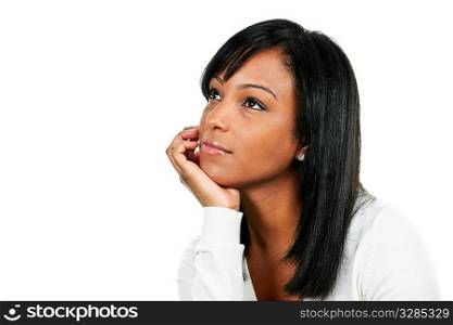 Thoughtful black woman looking up portrait isolated on white background