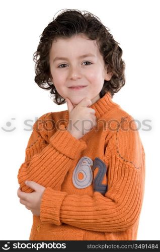 Thoughtful boy with orange clothes on a white background