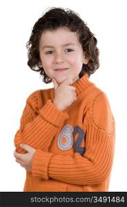 Thoughtful boy with orange clothes on a white background