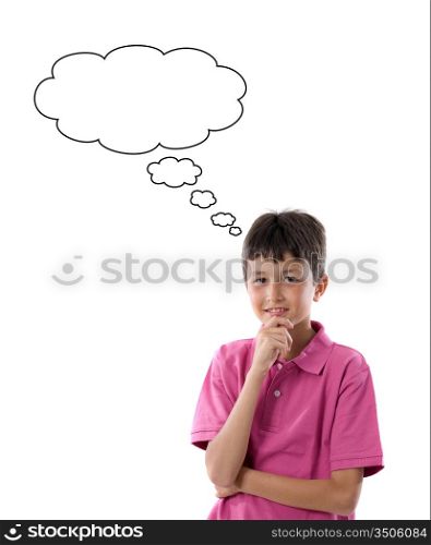Thoughtful boy with pink clothes on a white background