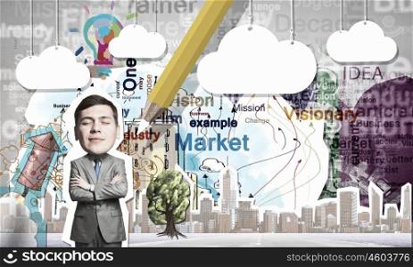 Thoughtful businessman. Young businessman with closed eyes at composite business background