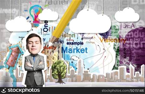Thoughtful businessman. Young businessman with closed eyes at composite business background