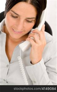 Thoughtful businesswoman attractive calling on phone close-up portrait