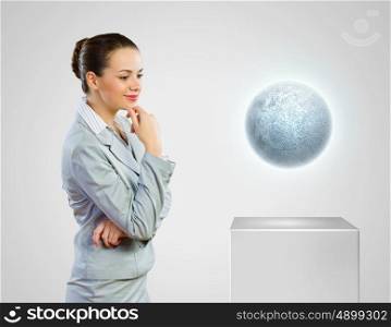 Thoughtful businesswoman. Image of businesswoman looking at moon. Astrology