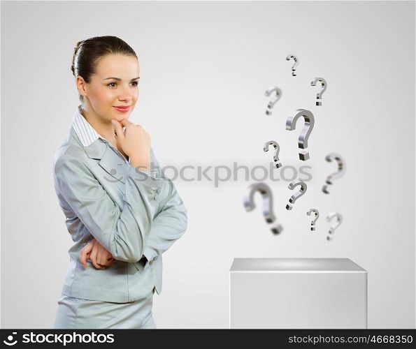 Thoughtful businesswoman. Image of concentrated businesswoman looking for answer