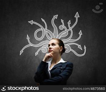 Thoughtful businesswoman with arrows and thoughts coming out of her head. Let me think over