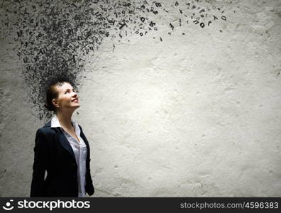 Thoughtful businesswoman. Young attractive businesswoman with thoughts above her head