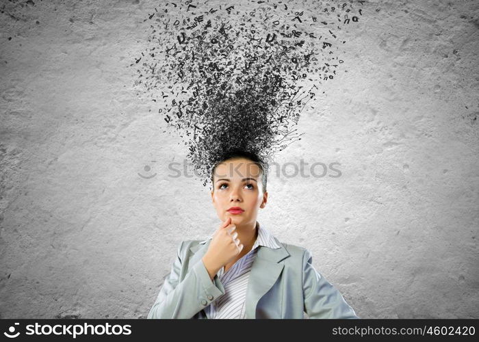 Thoughtful businesswoman. Young attractive businesswoman with thoughts above her head