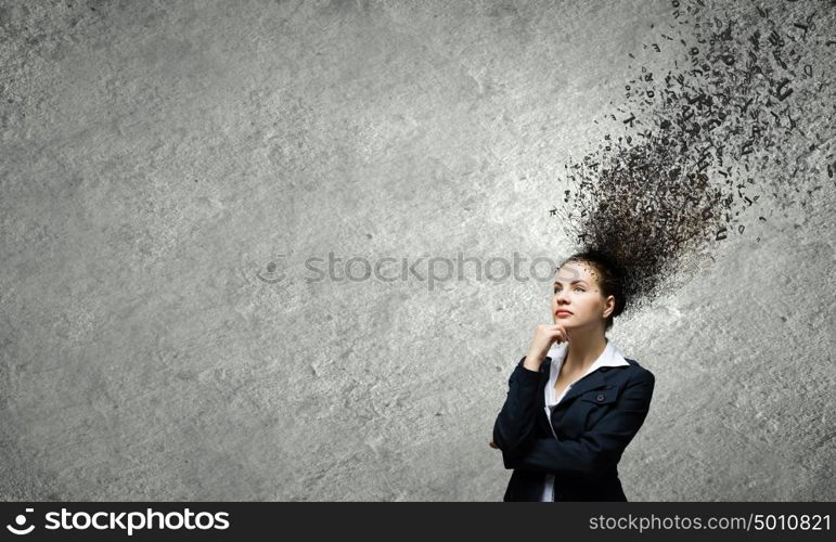 Thoughtful businesswoman. Young attractive businesswoman with thoughts above her head