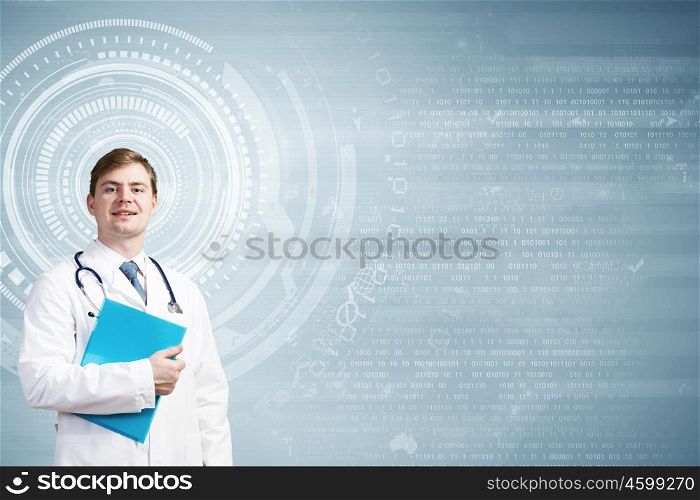 Thoughtful doctor. Young man doctor holding folder thinking something over