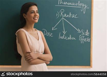 Thoughtful female teacher standing against green board