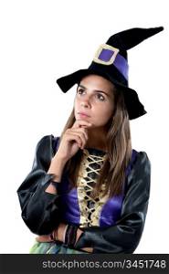 Thoughtful girl dressed in witch isolated on white background