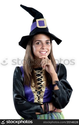 Thoughtful girl dressed in witch isolated on white background
