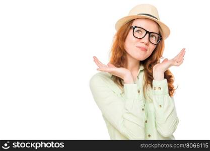 thoughtful girl with a hat posing against white background