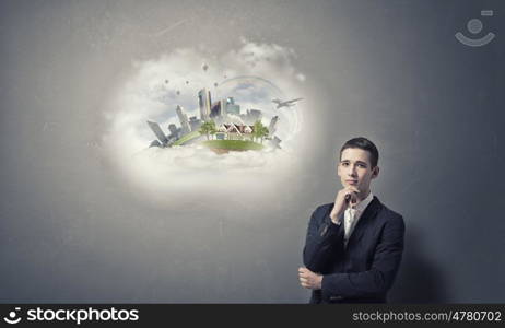 Thoughtful handsome guy. Young man in black jacket looking thougtfully in camera like making decision