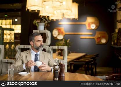 Thoughtful handsome mature businessman drinking coffee in the cafe