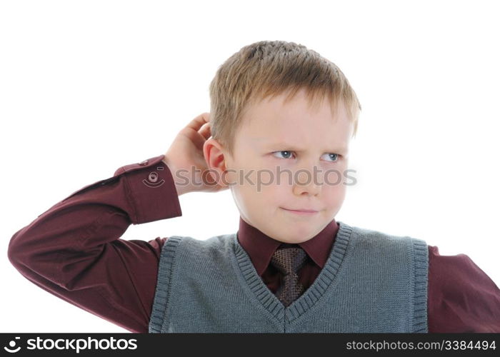 thoughtful little boy. Isolated on white background