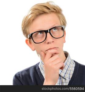 Thoughtful teenage nerd boy wearing geek glasses against white background
