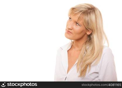 Thoughtful thinking mature woman looking up. Isolated on white background