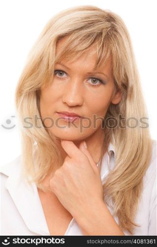Thoughtful thinking mature woman portrait. Isolated on white background