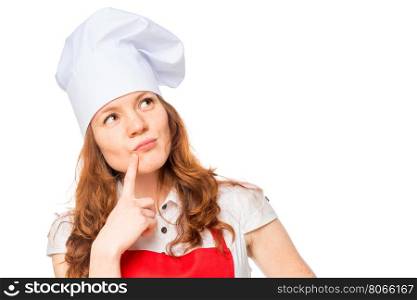 thoughtful woman cook on a white background