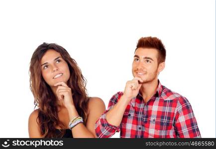 Thoughtful young couple in love isolated on a white background