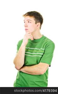 Thoughtful young man standing isolated on white background