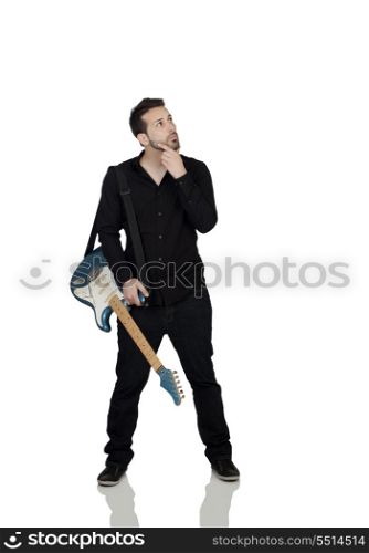 Thoughtful Young Man With Guitar Isolated Over White Background