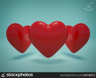 Three 3d hearts on green background