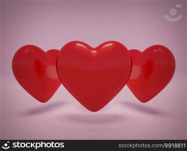 Three 3d hearts on pink background