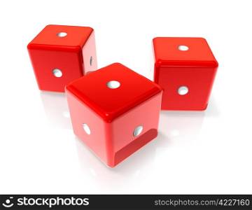 three 3D red dices with one dot on all sides. One red dices