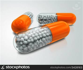 three 3D transparent capsule pills. capsule pills