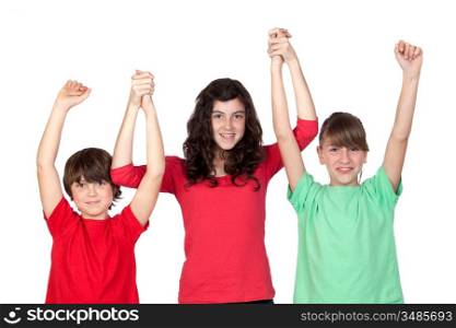 Three adorable brothers celebrating their success isolated on white background