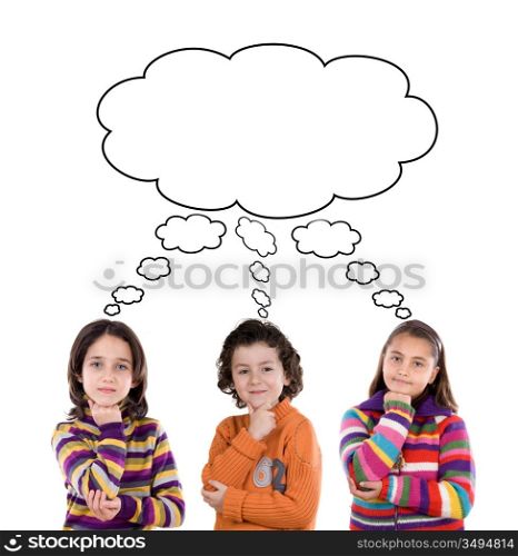 Three adorable children thinking isolated over white