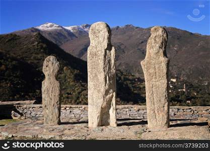 Three ancient Menhirs at Pieve in the Nebbiu region of Corsica