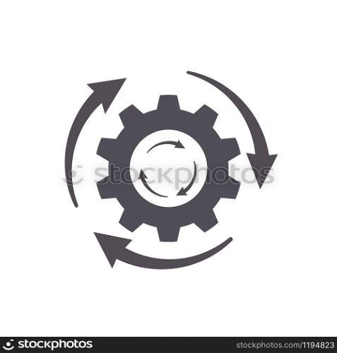 Three arrows around gear wheel sign. Flat cog vector icon of workflow procedure. Business industrial illustration