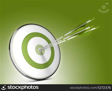 Three arrows hitting the center of a target over green background. Illustration of strategic objectives success. Strategic Objectives