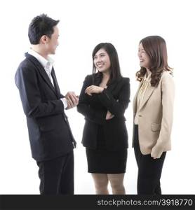 Three asian business in office on white background