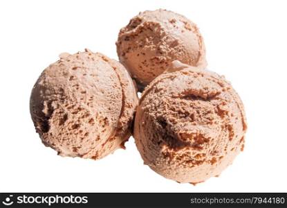 three balls of chocolate ice cream close-ups isolated