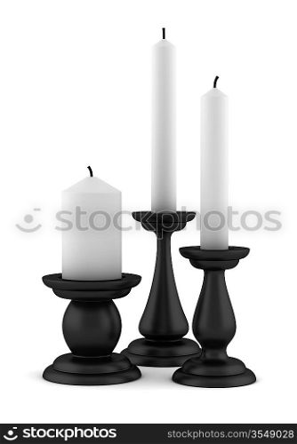 three black candlesticks with candles isolated on white background